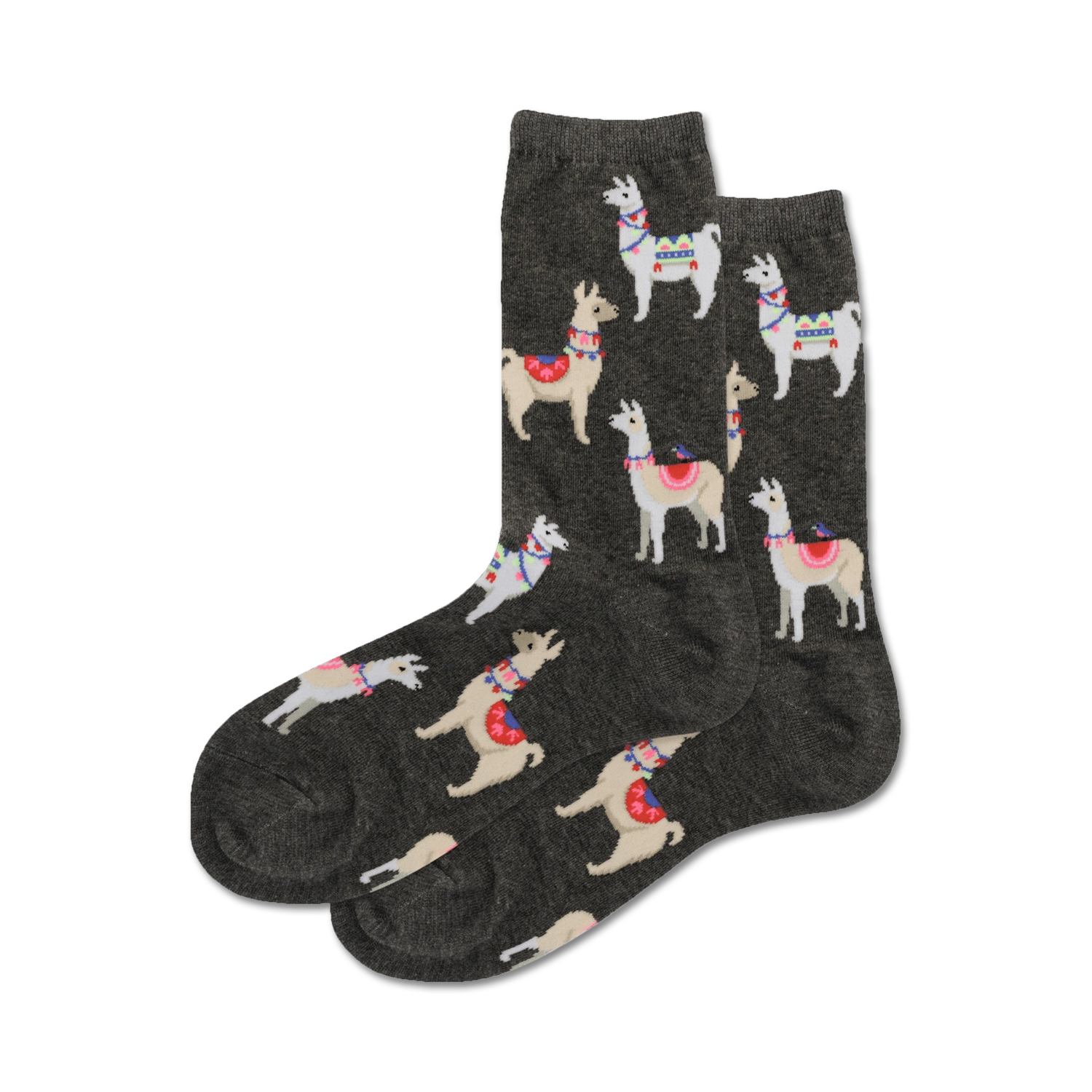 Close-up shot of charcoal gray alpaca socks showcasing the detailed llama illustrations and soft fabric.
