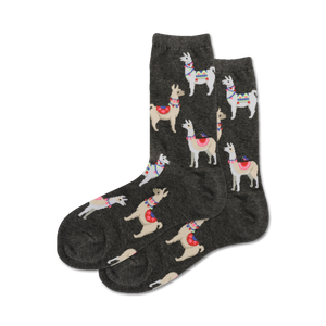 dark gray crew socks feature a pattern of llamas wearing colorful blankets, perfect for women who love a quirky, fun fashion statement.   