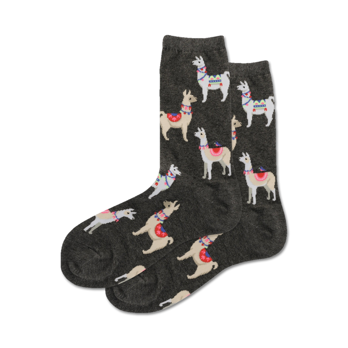 dark gray crew socks feature a pattern of llamas wearing colorful blankets, perfect for women who love a quirky, fun fashion statement.   