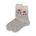 Pair of grey crew socks featuring a cute grey tabby cat wearing a red and pink flower crown.  Off-white cuff.