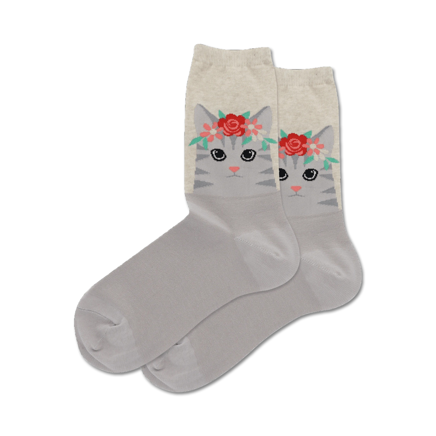 Pair of grey crew socks featuring a cute grey tabby cat wearing a red and pink flower crown.  Off-white cuff.