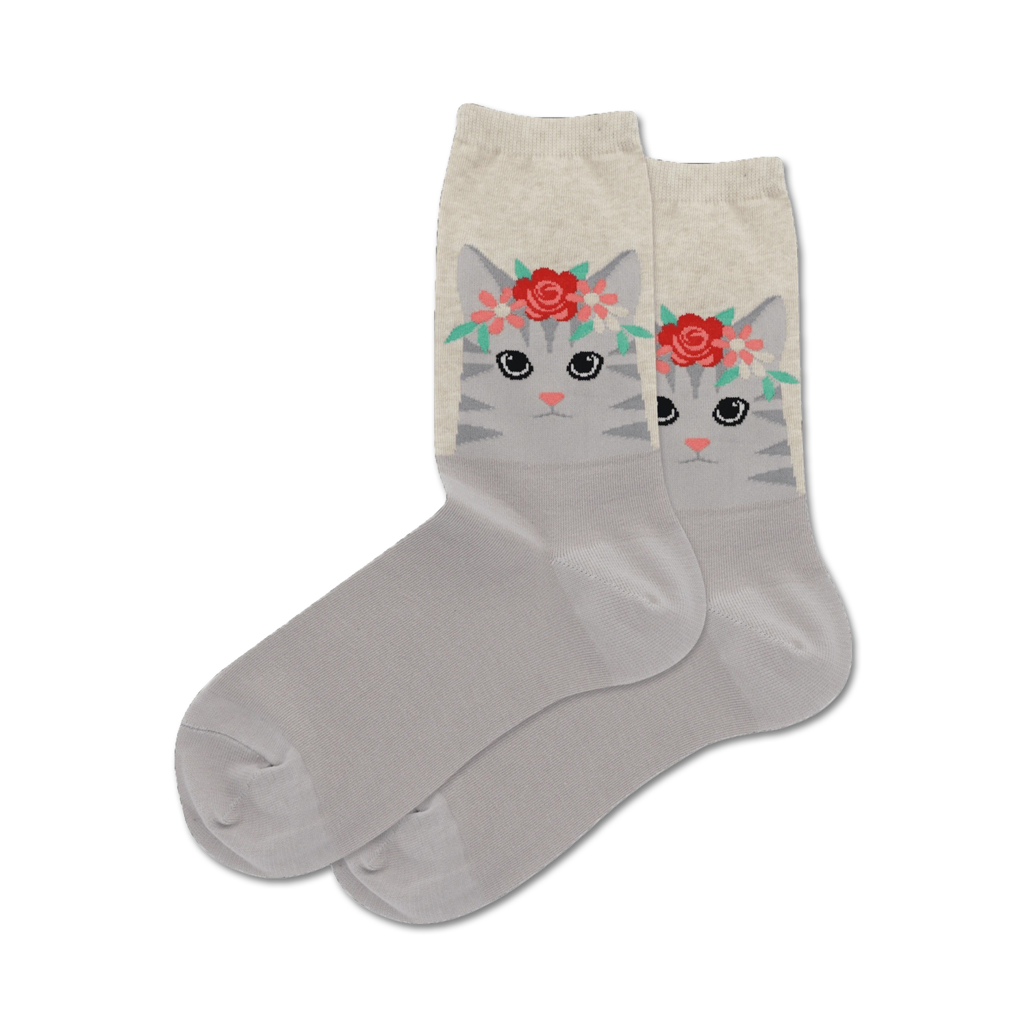 Pair of grey crew socks featuring a cute grey tabby cat wearing a red and pink flower crown.  Off-white cuff.