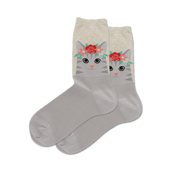 Pair of grey crew socks featuring a cute grey tabby cat wearing a red and pink flower crown.  Off-white cuff.