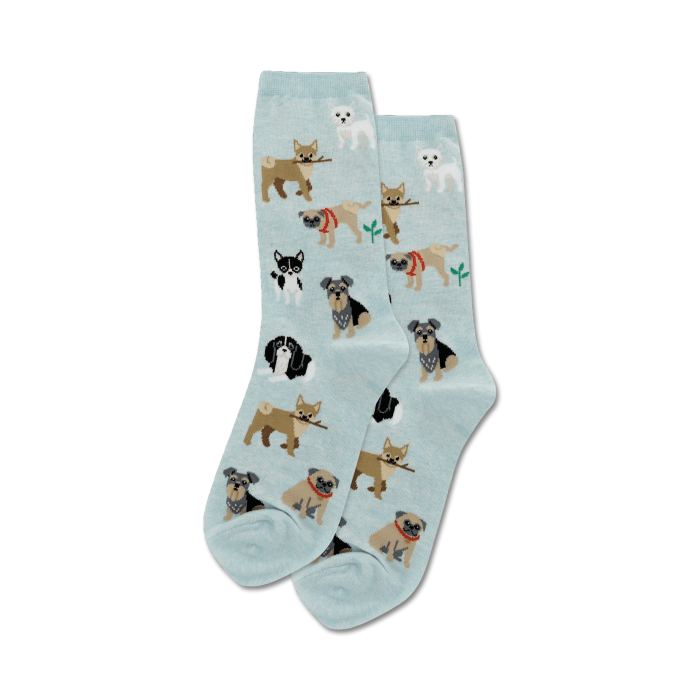 Pair of light blue crew socks with a pattern of various small dogs carrying sticks.  The dogs are in shades of brown, black, and white.