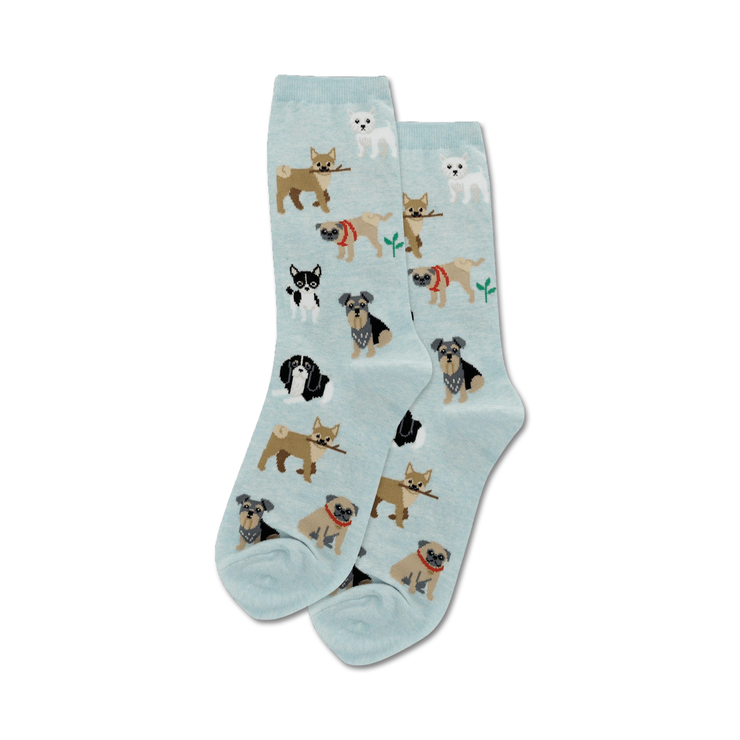 Pair of light blue crew socks with a pattern of various small dogs carrying sticks.  The dogs are in shades of brown, black, and white.