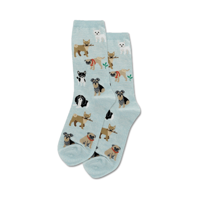 womens crew socks with multi-color cartoon pattern of dogs on blue background.   