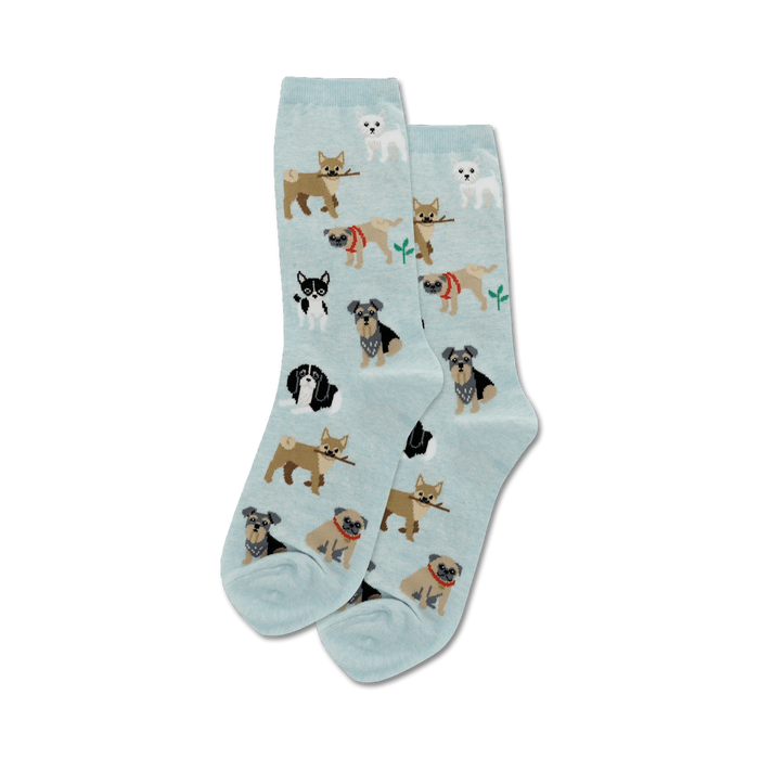 womens crew socks with multi-color cartoon pattern of dogs on blue background.   