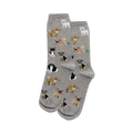 A pair of gray crew socks with the same dog pattern as the main image. The dogs are in shades of brown, black, and white.