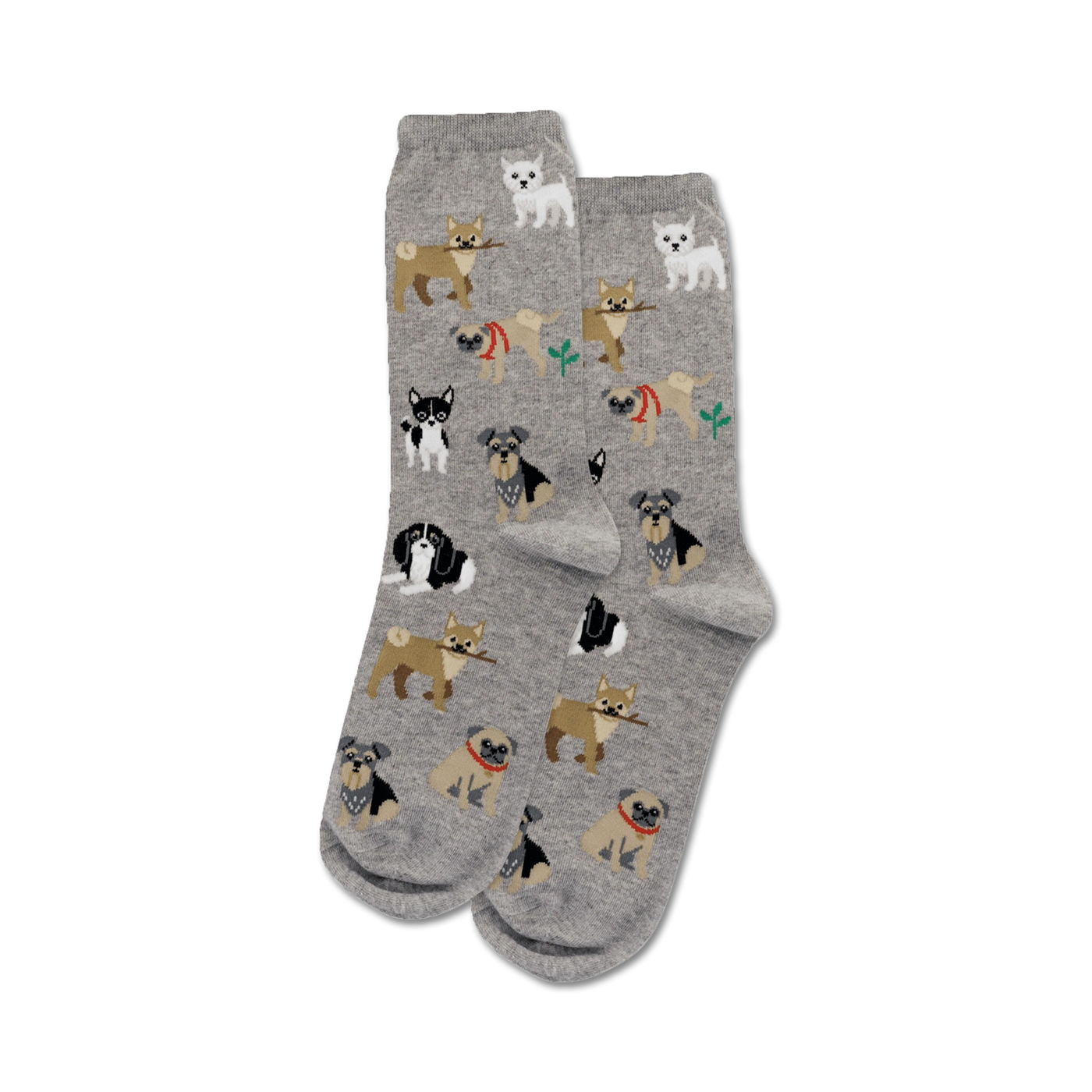 A pair of gray crew socks with the same dog pattern as the main image. The dogs are in shades of brown, black, and white.