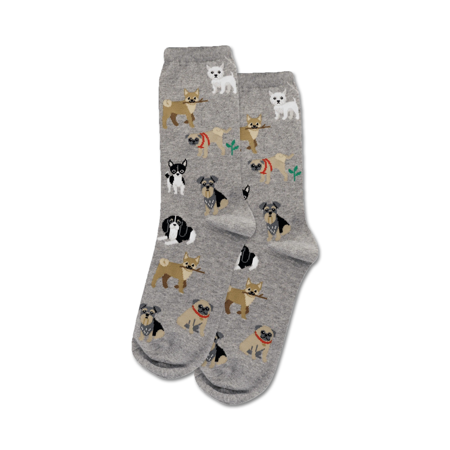A pair of gray crew socks with the same dog pattern as the main image. The dogs are in shades of brown, black, and white.