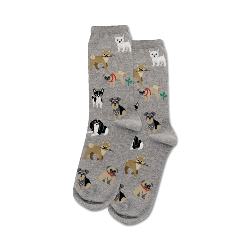 A pair of gray crew socks with the same dog pattern as the main image. The dogs are in shades of brown, black, and white.