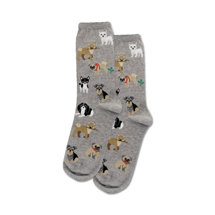 gray crew socks feature a playful cartoon dog pattern for women.   