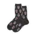 Pair of gray crew socks with a repeating pattern of colorful pixelated sugar skulls.