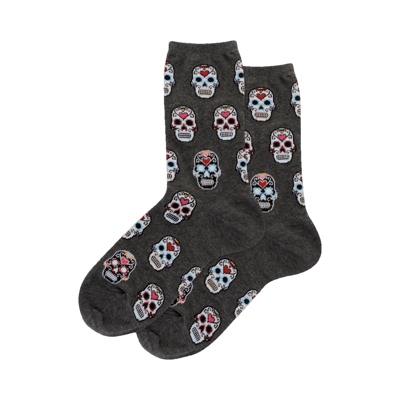 Pair of gray crew socks with a repeating pattern of colorful pixelated sugar skulls.