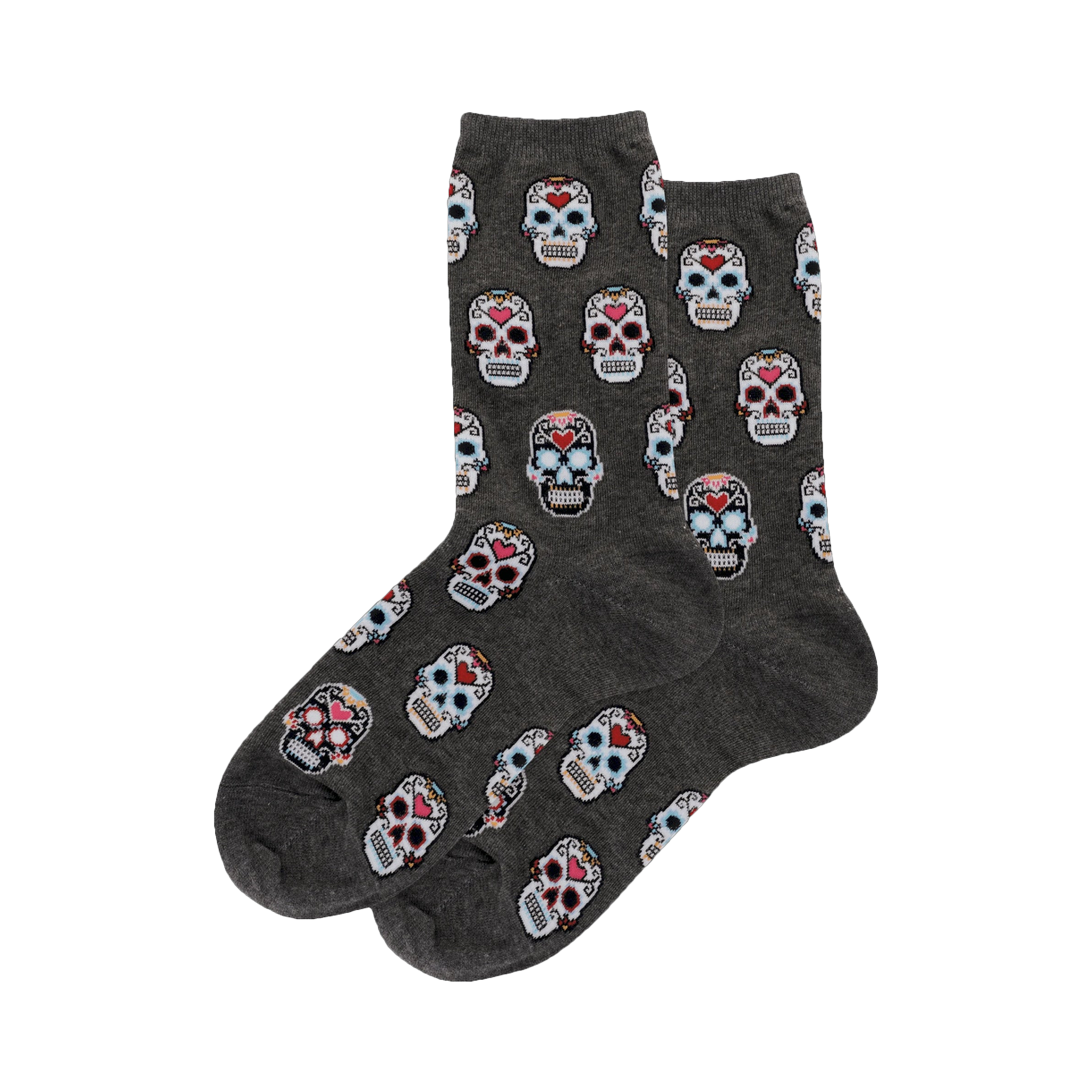Pair of gray crew socks with a repeating pattern of colorful pixelated sugar skulls.