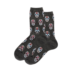 Pair of gray crew socks with a repeating pattern of colorful pixelated sugar skulls.