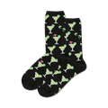 Pair of crew socks, black and lime green, featuring a repeating pattern of margarita glasses with lime wedges and cocktail umbrellas.