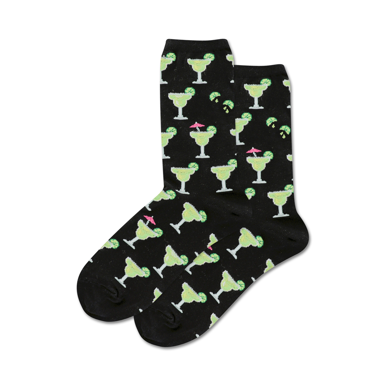 Pair of crew socks, black and lime green, featuring a repeating pattern of margarita glasses with lime wedges and cocktail umbrellas.