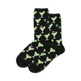 crew length women's black socks with a festive green margarita with pink umbrella and lime wheel pattern.   