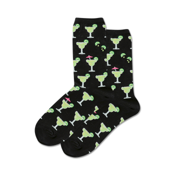 crew length women's black socks with a festive green margarita with pink umbrella and lime wheel pattern.   