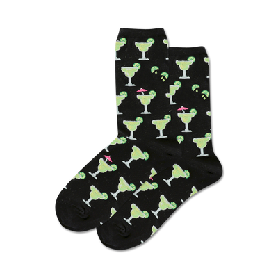 crew length women's black socks with a festive green margarita with pink umbrella and lime wheel pattern.   