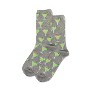womens gray margarita crew socks with lime wedges and red umbrellas   
