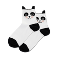 Pair of white crew socks with black panda faces and ears.  Black accents at the toes.