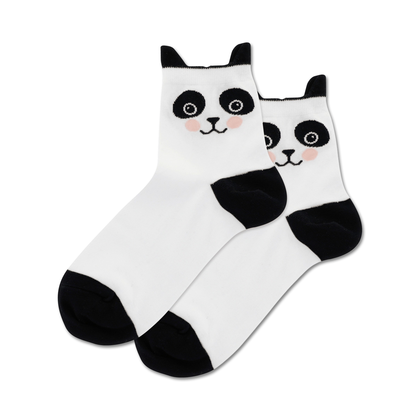 Pair of white crew socks with black panda faces and ears.  Black accents at the toes.