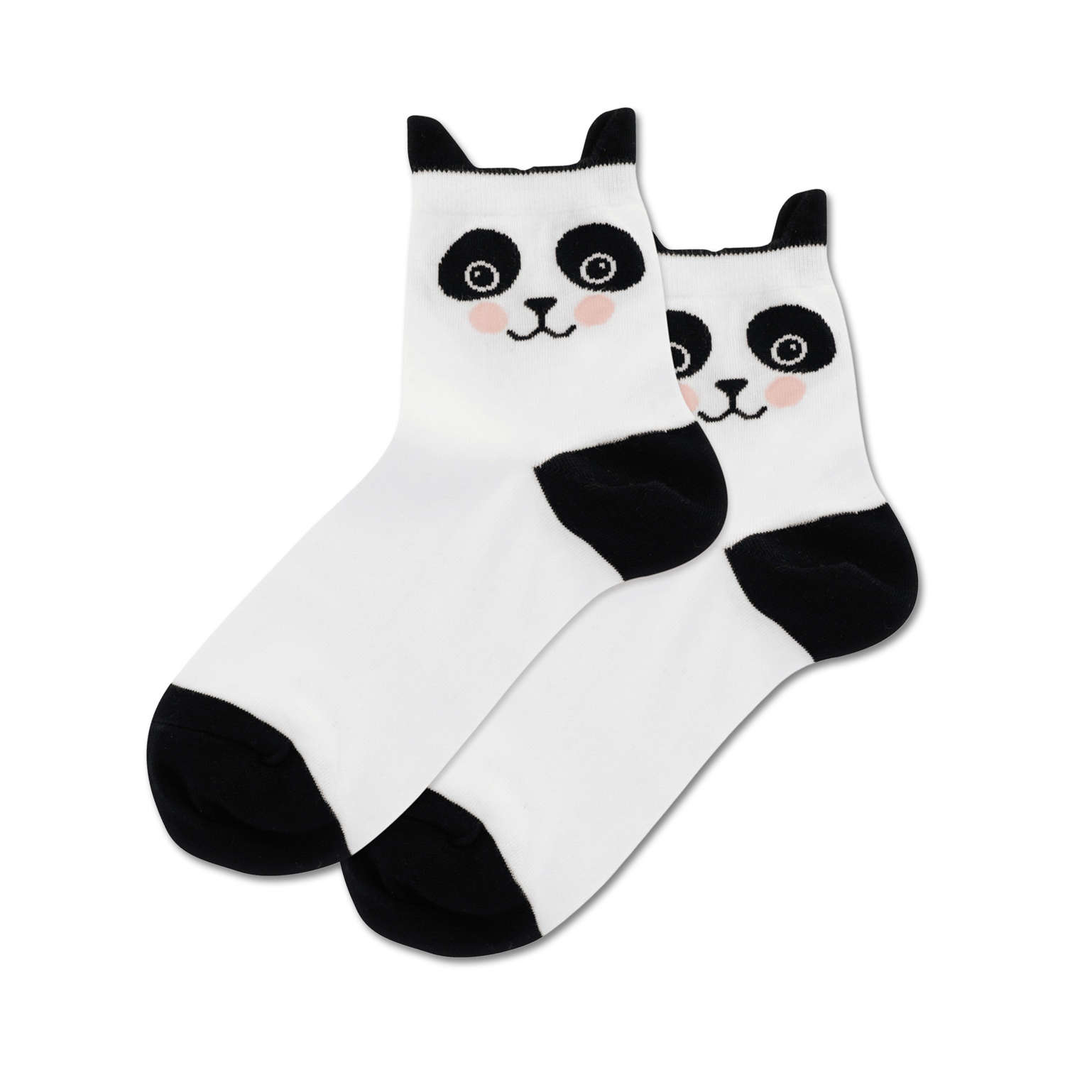 Pair of white crew socks with black panda faces and ears.  Black accents at the toes.