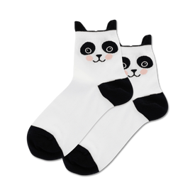  white ankle socks with black panda faces. perfect for women who love cute and playful socks.   