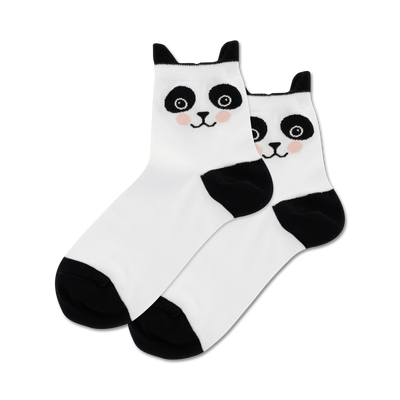  white ankle socks with black panda faces. perfect for women who love cute and playful socks.   