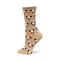 Crew sock, light brown with repeating pattern of white and black panda faces wearing red-rimmed glasses or sunglasses.
