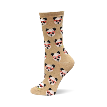 Crew sock, light brown with repeating pattern of white and black panda faces wearing red-rimmed glasses or sunglasses.