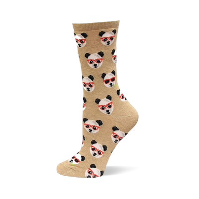 Crew sock, light brown with repeating pattern of white and black panda faces wearing red-rimmed glasses or sunglasses.