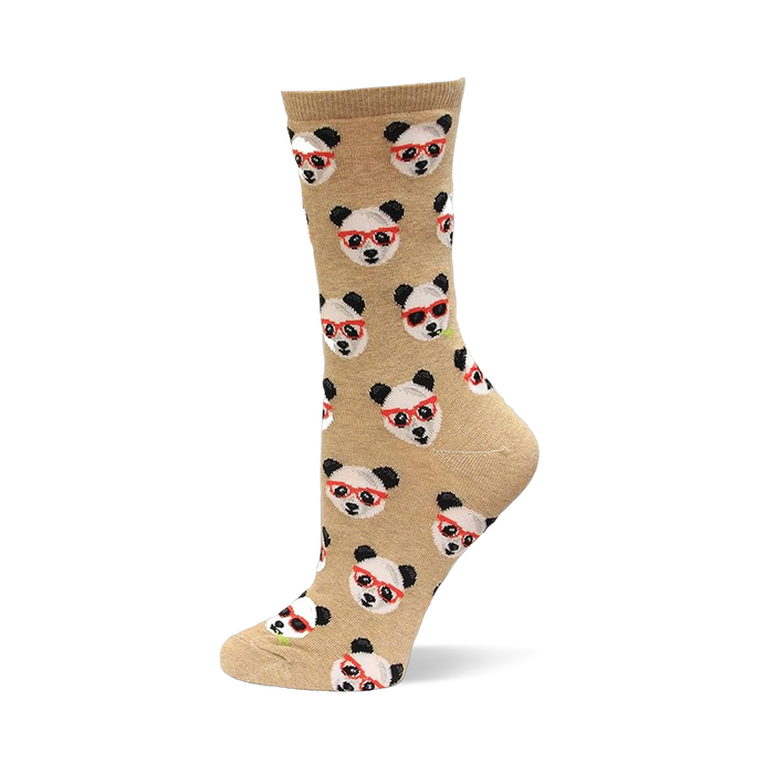 Crew sock, light brown with repeating pattern of white and black panda faces wearing red-rimmed glasses or sunglasses. }}