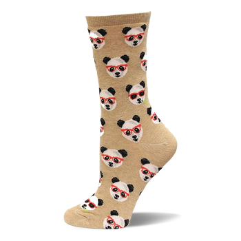 Crew sock, light brown with repeating pattern of white and black panda faces wearing red-rimmed glasses or sunglasses.