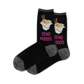 Black "Send Noods" socks with a white takeout noodle box graphic, chopsticks, and pink text. Grey toe and heel details.