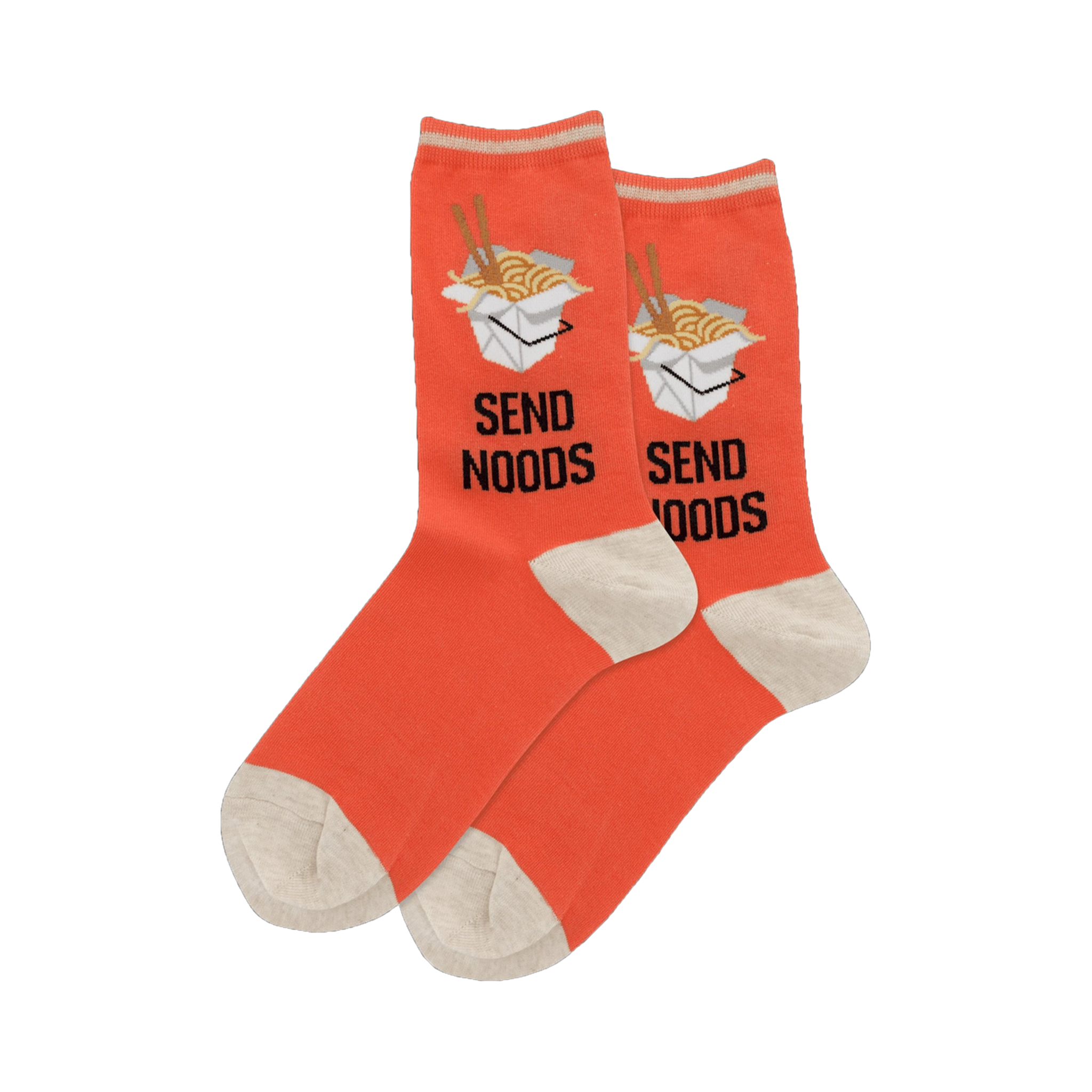 Pair of coral-orange crew socks with a repeated image of a takeout noodle container and the phrase 'Send Noods' printed on them.  The cuffs and toes are beige.