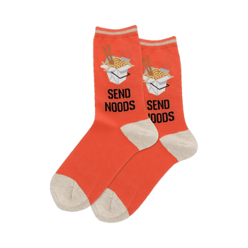 Pair of coral-orange crew socks with a repeated image of a takeout noodle container and the phrase 'Send Noods' printed on them.  The cuffs and toes are beige.