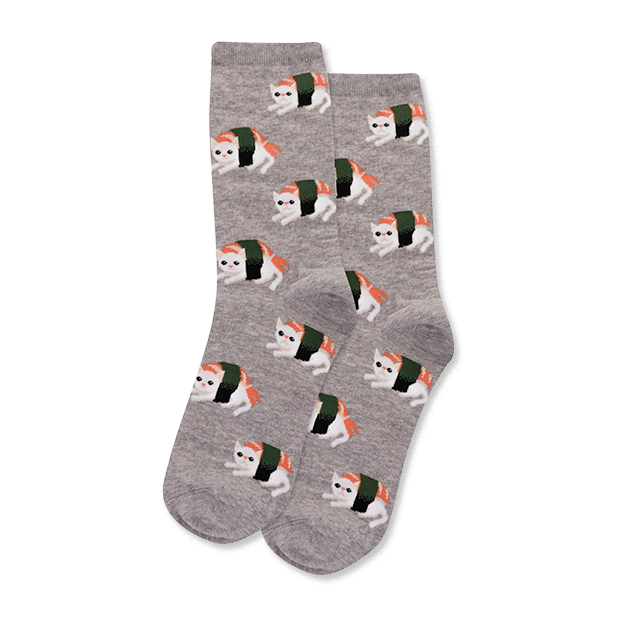 Grey "Sushi Cat" novelty socks with white cats designed as sushi, complete with orange fish and green seaweed bands.