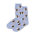 Pair of light blue crew socks featuring a repeating pattern of cute cats shaped like sushi rolls.