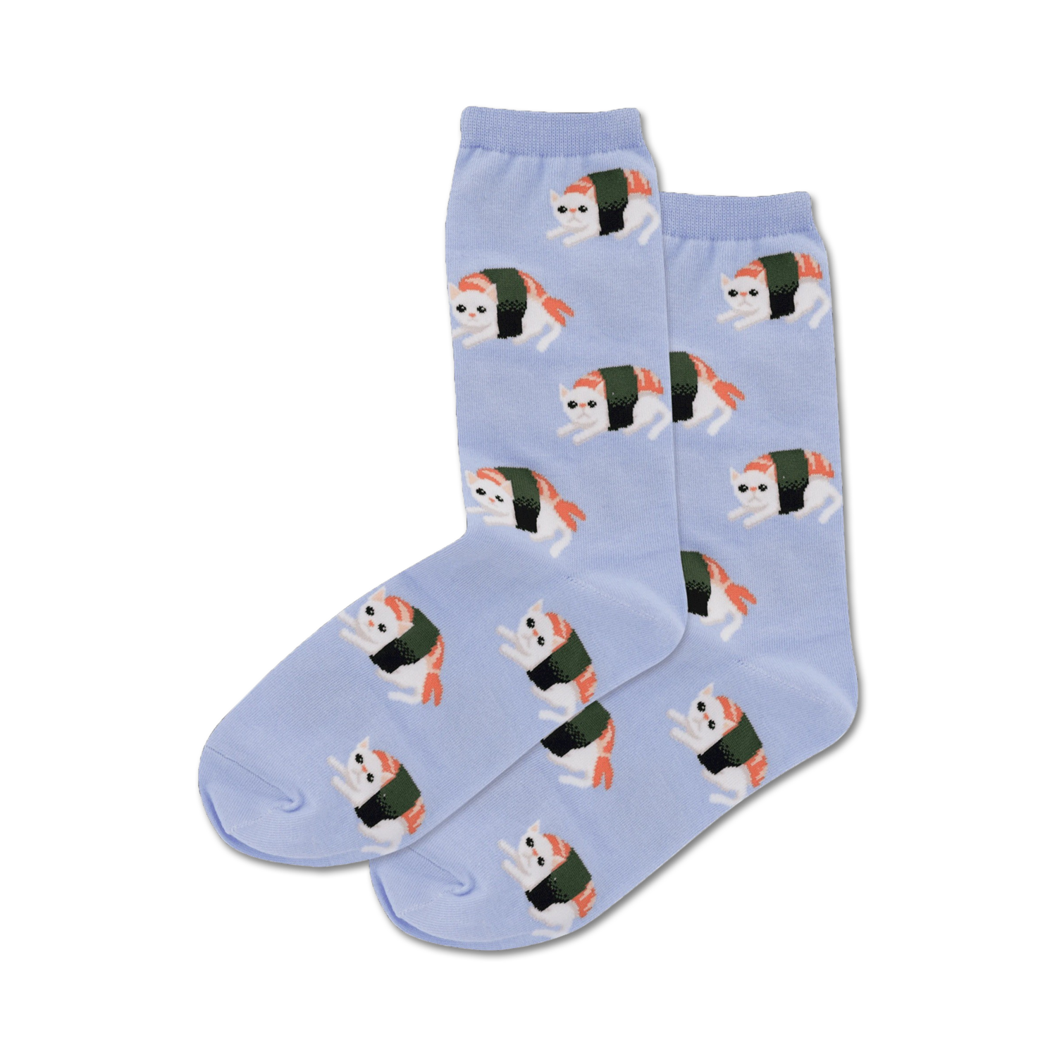 Pair of light blue crew socks featuring a repeating pattern of cute cats shaped like sushi rolls.