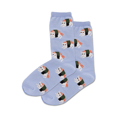 sushi cat socks feature cartoon cats dressed as sushi with wasabi.  