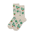 Pair of beige crew socks with a pattern of various green potted plants and small bees. 
