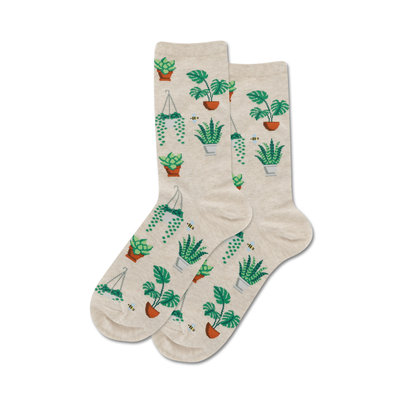 Pair of beige crew socks with a pattern of various green potted plants and small bees. 