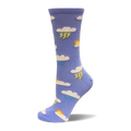 A single lavender crew sock with a pattern of white clouds, some with yellow lightning, blue raindrops, or a peeking sun.