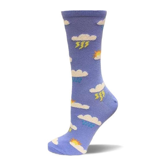 A single lavender crew sock with a pattern of white clouds, some with yellow lightning, blue raindrops, or a peeking sun.