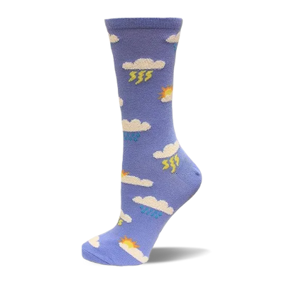 A single lavender crew sock with a pattern of white clouds, some with yellow lightning, blue raindrops, or a peeking sun.