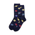 Pair of navy blue crew socks with a glow-in-the-dark design. The socks feature colorful planets, stars, and stripes.