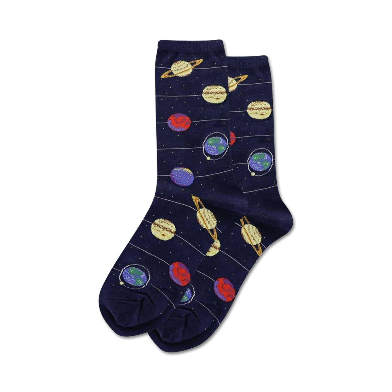 Pair of navy blue crew socks with a glow-in-the-dark design. The socks feature colorful planets, stars, and stripes.